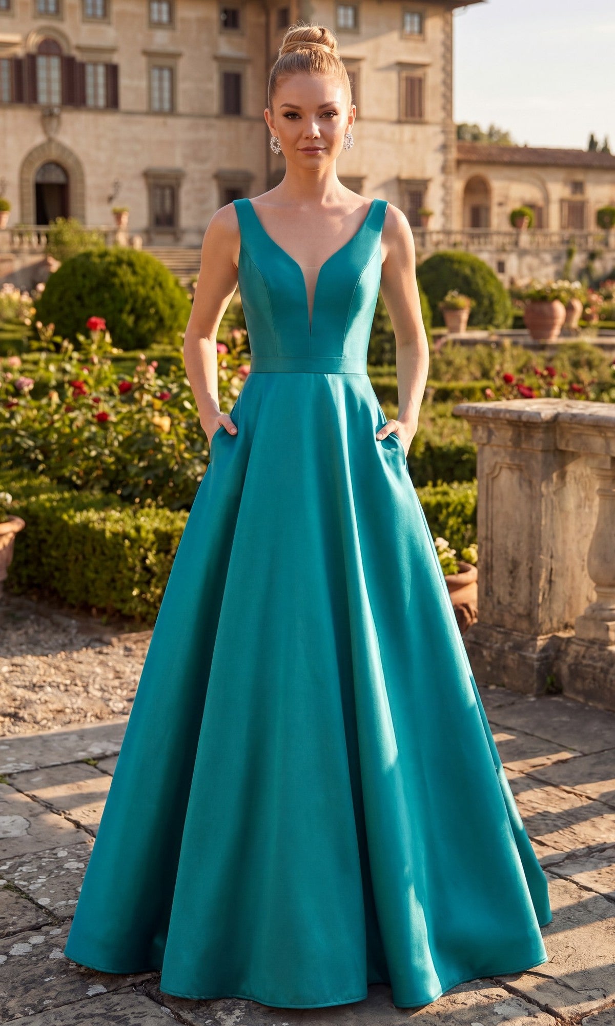 A woman wearing the Long Prom Dress: Chicas C9188 in teal, featuring an a-line skirt and pockets, stands outside in a garden with a historic stone building in the background.